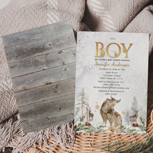 Winter Forest Boy Country Wolf Deer Baby Dusche Einladung