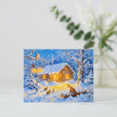 Winter Forest Cottage with Woodland Animals Postkarte (Stehend Vorderseite)
