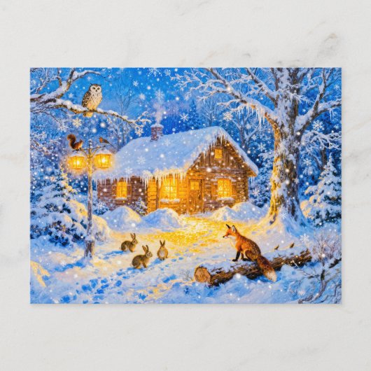 Winter Forest Cottage with Woodland Animals Postkarte (Vorderseite)