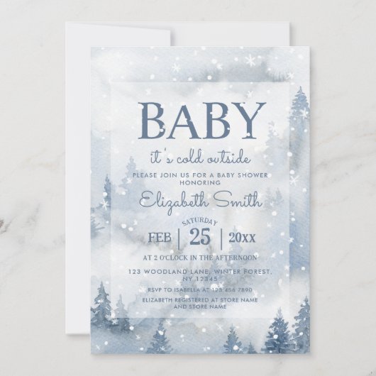 Winter Forest Dusty Blue Baby Shower Einladung (Vorderseite)