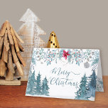 Winter Forest Foliage Elegantes Skript Feiertagskarte<br><div class="desc">Personalisierte Weihnachtskarte mit eleganter Schriftzeichen. Aquarellgestaltung mit Kiefernbäumen,  Poinsettia und Winterfolien in Blautönen in Grau- und Gezeitengrün.</div>