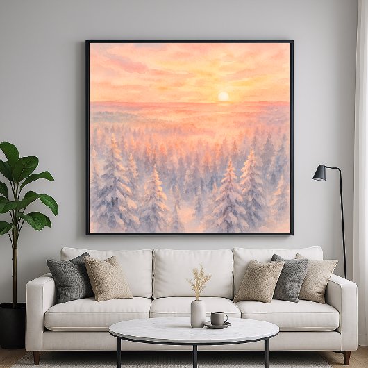 Winter Forest Landscape Sunset - Watercolor Style Poster
