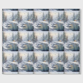Winter Forest Log Cabin Birds Pine Tree River Geschenkpapier (Flach)