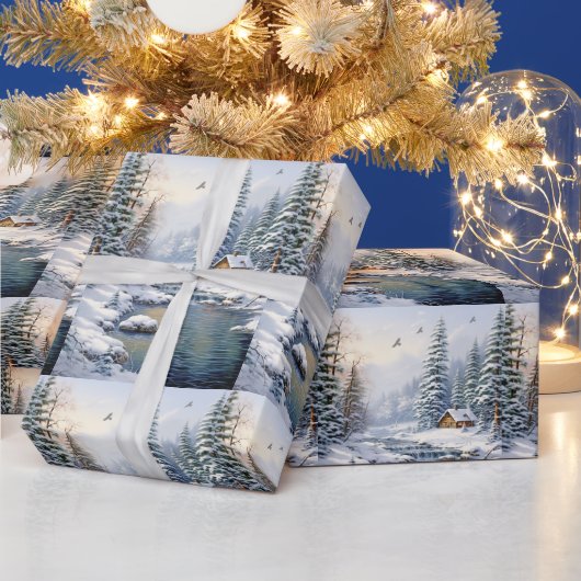 Winter Forest Log Cabin Birds Pine Trees River Geschenkpapier (Feiertage)
