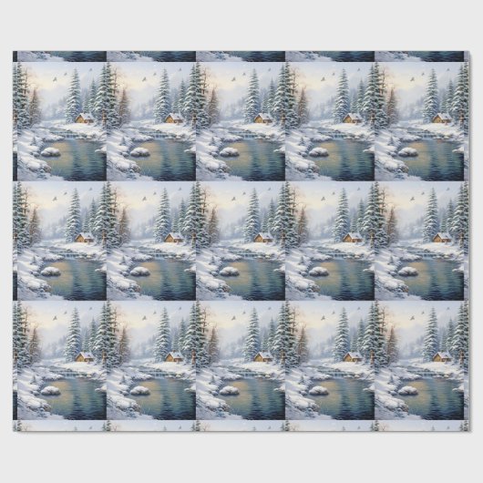 Winter Forest Log Cabin Birds Pine Trees River Geschenkpapier (Flach)