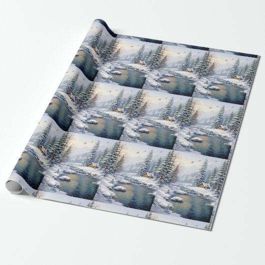 Winter Forest Log Cabin Birds Pine Trees River Geschenkpapier (Ungerollt)