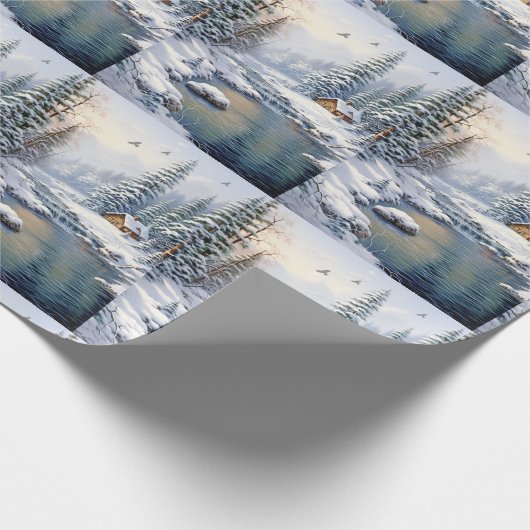 Winter Forest Log Cabin Birds Pine Trees River Geschenkpapier (Ecke)