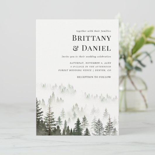 Winter Forest Modern Script Foto QR Code Hochzeit Einladung (Stehend Vorderseite)