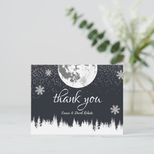 Winter Forest Moon & Snowflakes Hochzeit Danke Postkarte (Stehend Vorderseite)