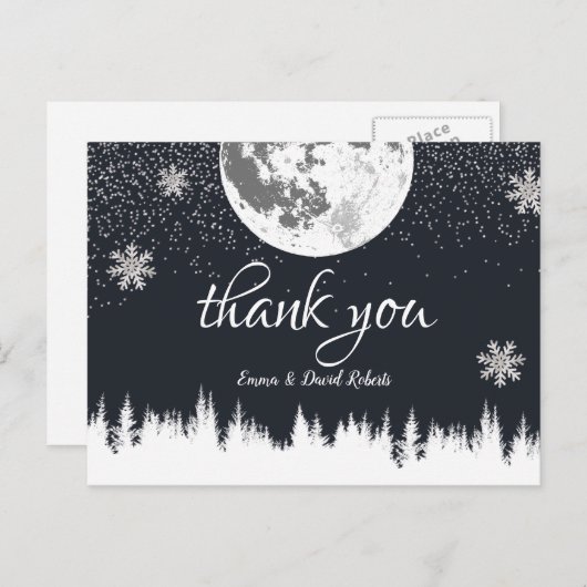 Winter Forest Moon & Snowflakes Hochzeit Danke Postkarte (Vorne/Hinten)