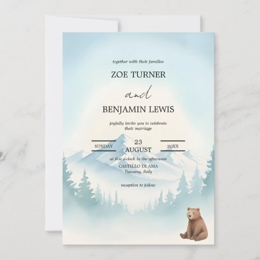 Winter Forest Mountain Bear Watercolor Wedding Einladung (Vorderseite)