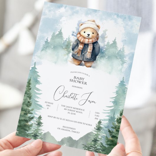 Winter Forest Niedlich Bear Baby Dusche Einladung