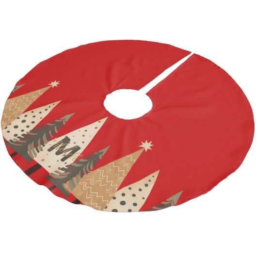 Winter Forest Red Monogram Polyester Weihnachtsbaumdecke (Schrägansicht)