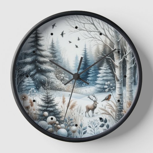 Winter Forest Snow Deer Trees Blue Uhr (Vorderseite)