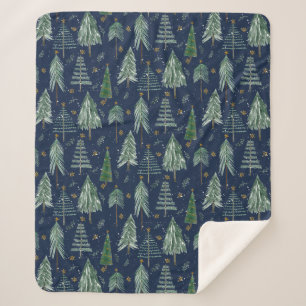 Winter Forest Snowing Navy Blue Watercolor Stars Sherpadecke