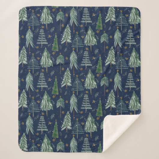 Winter Forest Snowing Navy Blue Watercolor Stars Sherpadecke (Vorderseite)