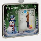 Winter Forest Snowman Foto | Green Rahmen-Ornament Silber (Rechts)