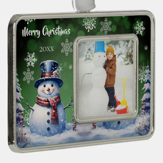 Winter Forest Snowman Foto | Green Rahmen-Ornament Silber (Rechts)