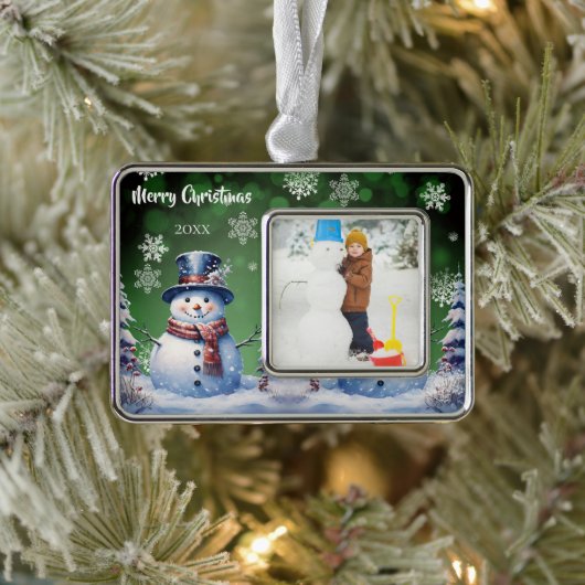 Winter Forest Snowman Foto | Green Rahmen-Ornament Silber (Baum)