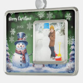 Winter Forest Snowman Foto | Green Rahmen-Ornament Silber (Links)