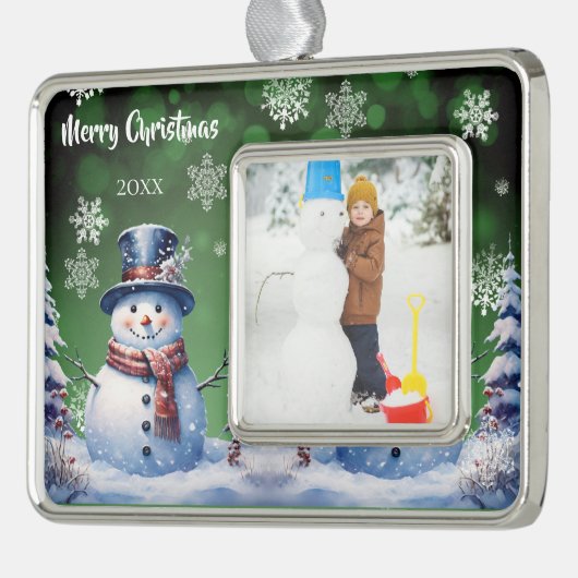 Winter Forest Snowman Foto | Green Rahmen-Ornament Silber (Links)
