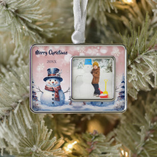 Winter Forest Snowman Foto Pink Rahmen-Ornament Silber