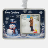 Winter Forest Snowman Foto Rahmen-Ornament Silber (Vorderseite)