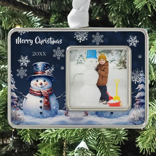 Winter Forest Snowman Foto Rahmen-Ornament Silber