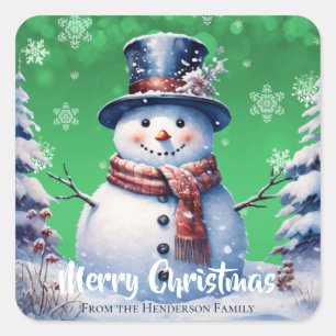 Winter Forest Snowman Frohe Weihnachten Green Quadratischer Aufkleber
