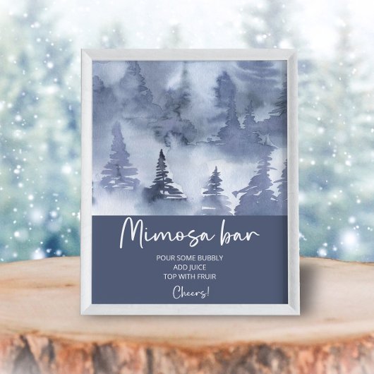 Winter Forest Watercolor Navy Blue Mimosa Bar Poster