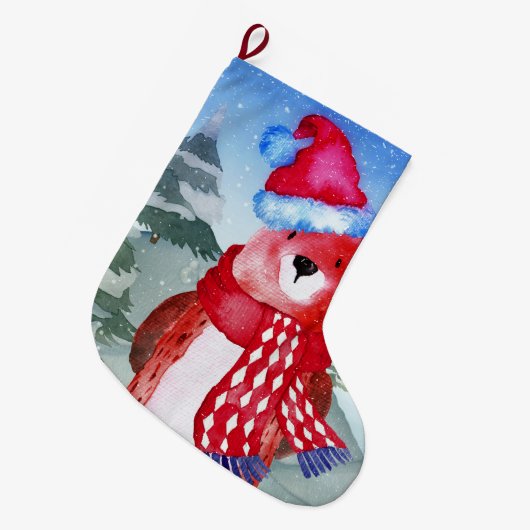 Winter Forest Woodland Friends Bear Illustration Großer Weihnachtsstrumpf (Vorderansicht (hängend))