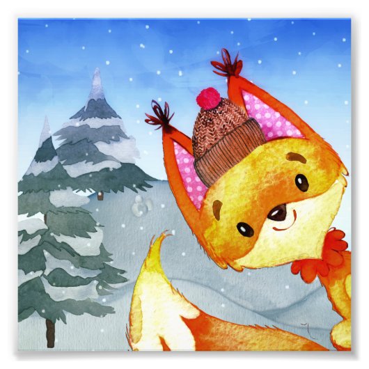 Winter Forest Woodland Friends Fox Illustration Fotodruck (Vorne)