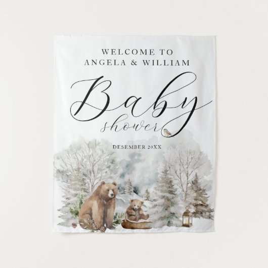 Winter Forest Woodland Rustic Baby Shower Welcome Wandteppich (Vorderseite)