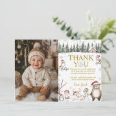 Winter Forest Woodland Tiere Geburtstag Foto Dankeskarte (Stehend Vorderseite)