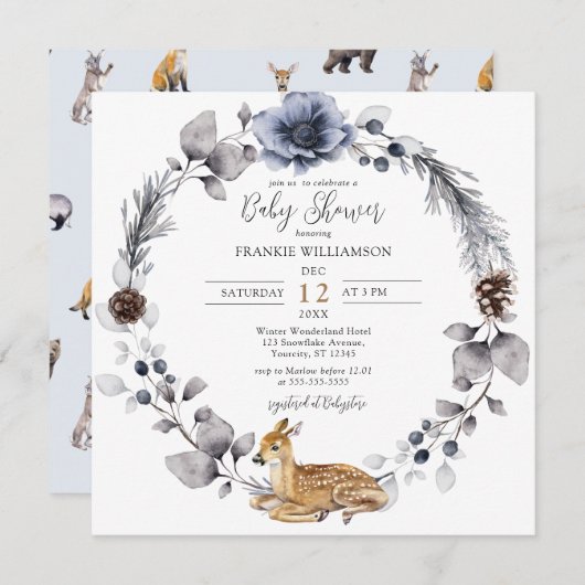 Winter Forest Wreath Woodland Animals Kinderdusche Einladung (Vorne/Hinten)