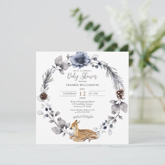 Winter Forest Wreath Woodland Animals Kinderdusche Einladung (Stehend Vorderseite)