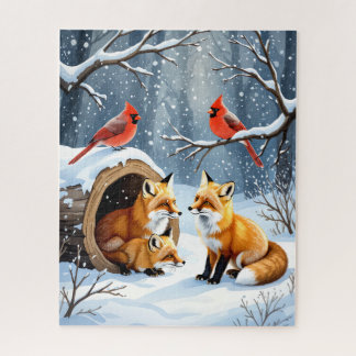 Winter Fox Familie mit Kardinälen im Snowy Forest Puzzle