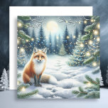 Winter Fox in einem Whimsiswald Weihnachten<br><div class="desc">Personalisierte Weihnachtskarte. Eine süße Kunst Aquarell-Illustration eines kleinen Fuchses,  der im Schnee liegt,  umgeben von einem zauberhaften Wald voller Schnee,  Kiefern und glitzernden Weihnachtslichtern.</div>