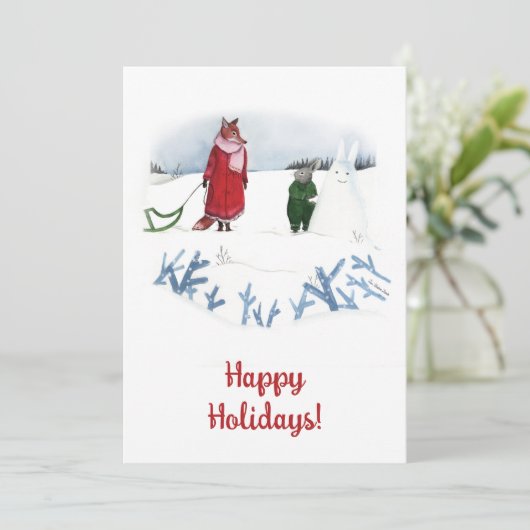 Winter Fox Rabbit Illustration Weihnachtskarte Einladung (Stehend Vorderseite)