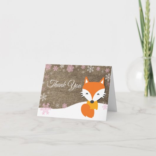 Winter Fox Snowflake Pink Burlap Danke Karte (Vorderseite)