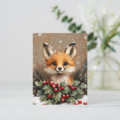 Winter Fox with Holly and Snowy Pine Postkarte (Stehend Vorderseite)