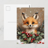 Winter Fox with Holly and Snowy Pine Postkarte (Vorne/Hinten)