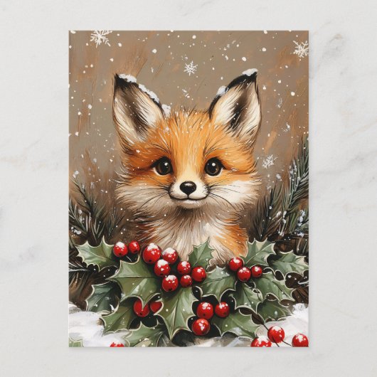 Winter Fox with Holly and Snowy Pine Postkarte (Vorderseite)