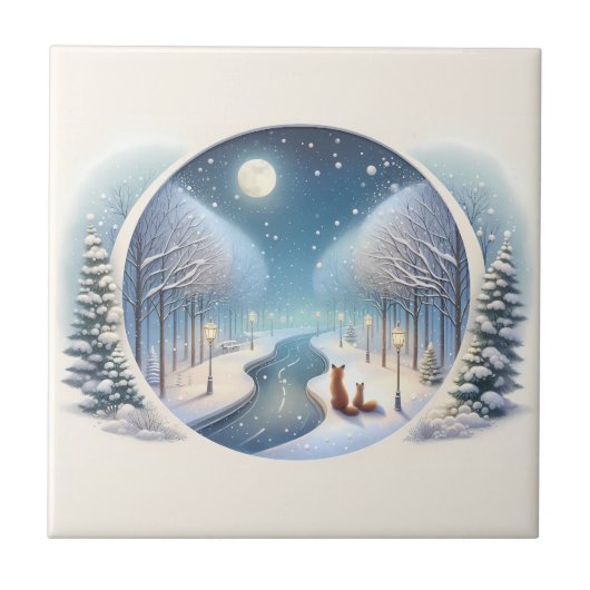 Winter Foxes by Moonlit Snowy River Fliese (Vorderseite)
