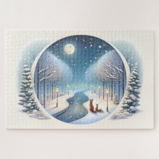 Winter Foxes by Moonlit Snowy River Puzzle (Horizontal)