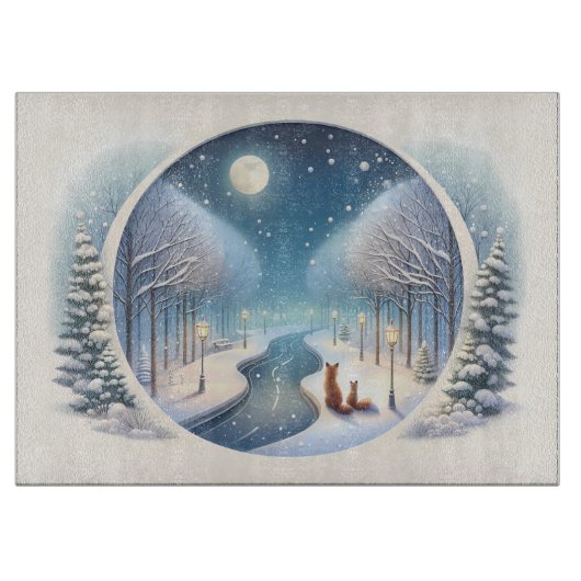 Winter Foxes by Moonlit Snowy River Schneidebrett (Vorderseite)