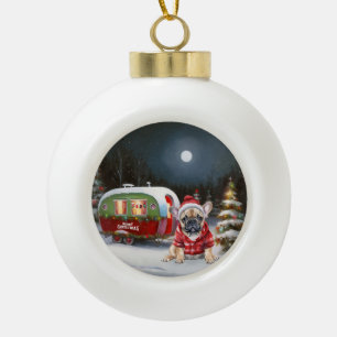 Winter French Bulldog Caravan Weihnachtsabenteuer Keramik Kugel-Ornament