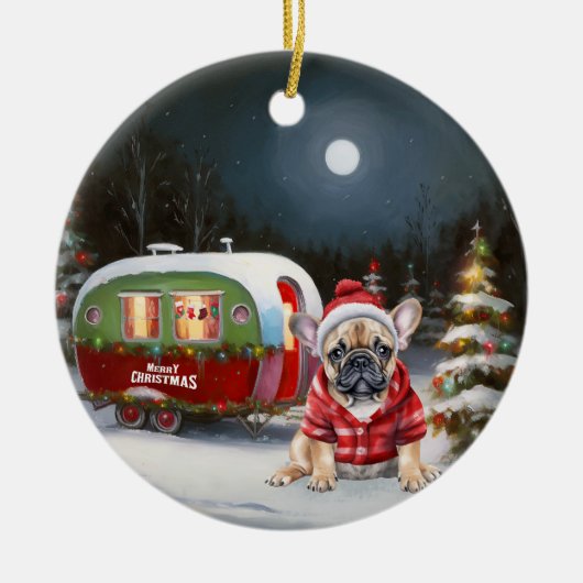 Winter French Bulldog Caravan Weihnachtsabenteuer Keramik Ornament (Vorne)