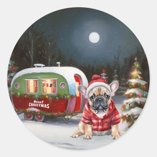 Winter French Bulldog Caravan Weihnachtsabenteuer Runder Aufkleber (Vorderseite)