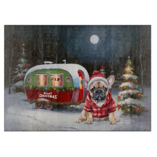 Winter French Bulldog Caravan Weihnachtsabenteuer Schneidebrett (Vorderseite)